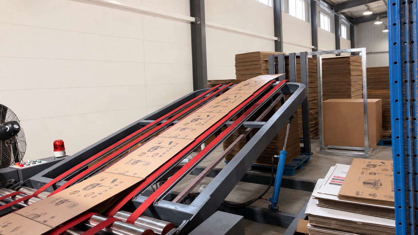 Printed corrugated sheets moving along a production conveyor